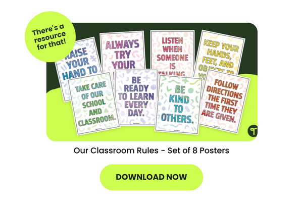 a set of classroom rules posters laid out in an array on a green background with a button beneath that reads download now
