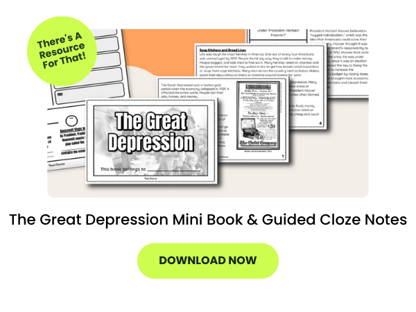 The words The Great Depression Mini Book & Guided Cloze Notes appear beneath an image of the book 