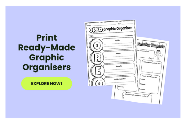 The words Print Ready-Made Graphic Organisers appear on a purple rectangle beside imgages of graphic organiser printables