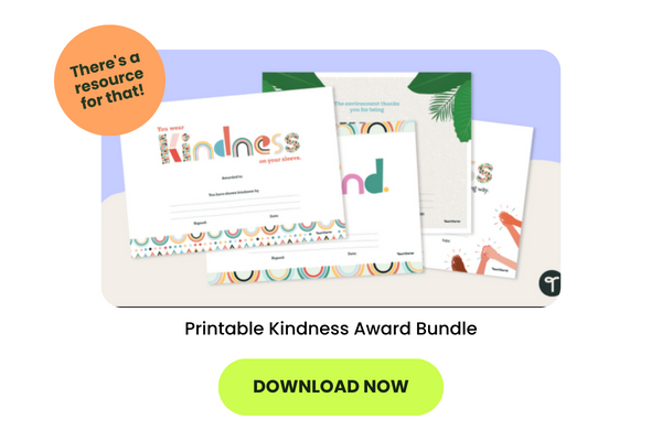kindness awards laid out on a purple and cream background with text reading printable kindness award bundle and download now