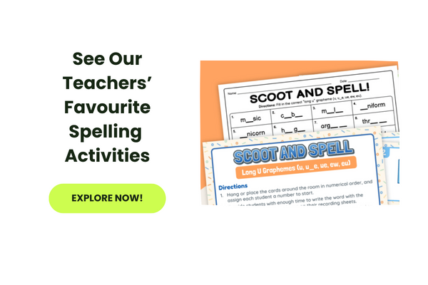 The words See Our Teachers’ Favourite Spelling Activities ar shown beside a scoot and spell activity for kids