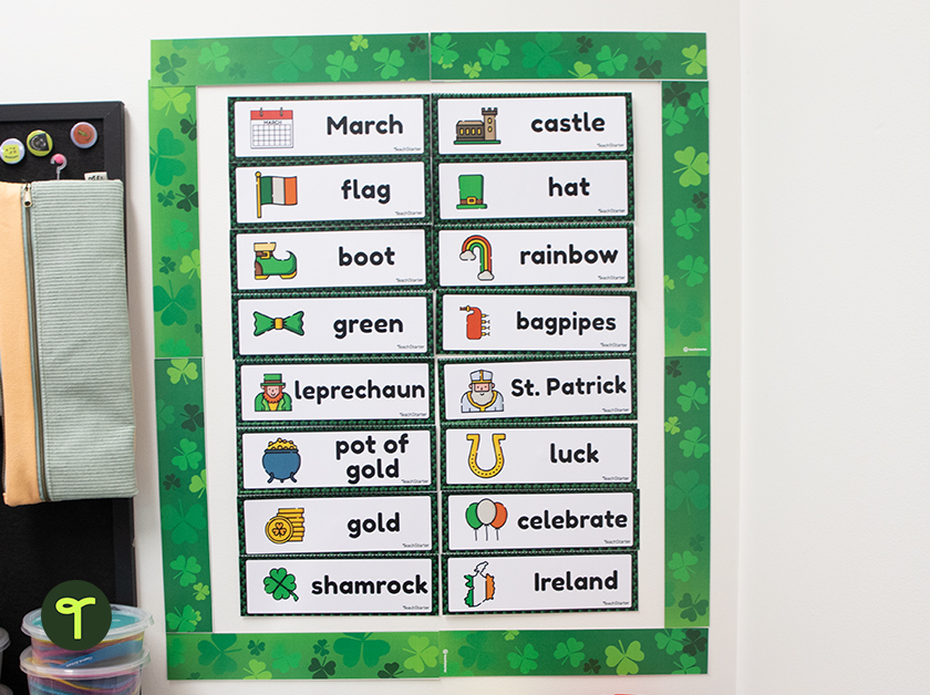 St. Patrick's Day vocabulary words are posted on a classroom wall