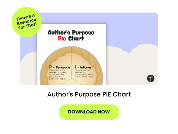 An author's purpose anchor chart with a PIE theme is seen on a purple and beige background. Below is a green button that reads download now