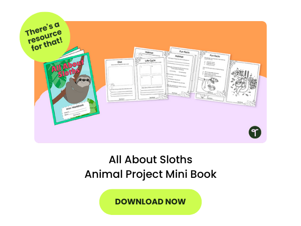 worksheets from a sloth animal project on a green and purple background with yellow green bubbles that read 'there's a resource for that' and 'download now'