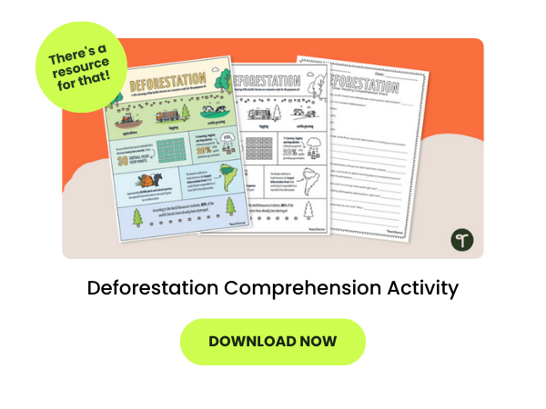 Deforestation Infographic Comprehension Activity on an orange background with 2 green bubbles. One green bubble reads 