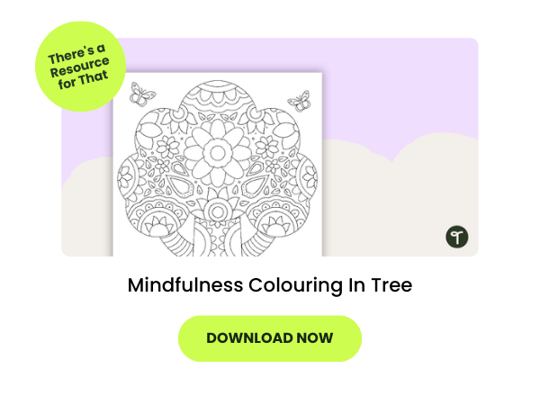 Mindfulness Colouring Tree worksheet on a lavender background with green bubbles that read 
