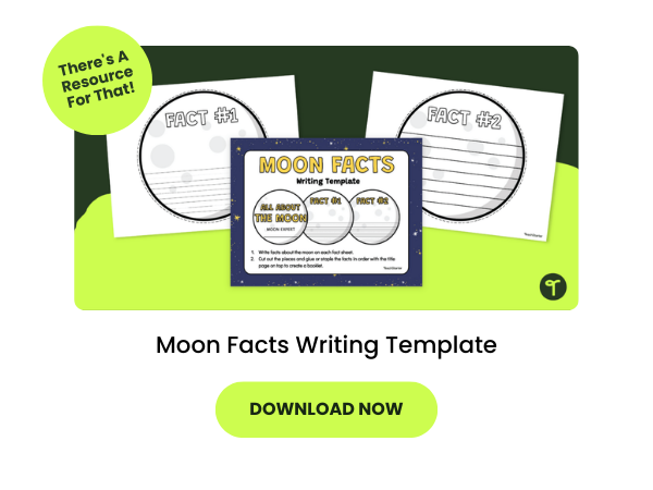 The words Moon Facts Writing Template appear beneath an image of the writing sheets for kids