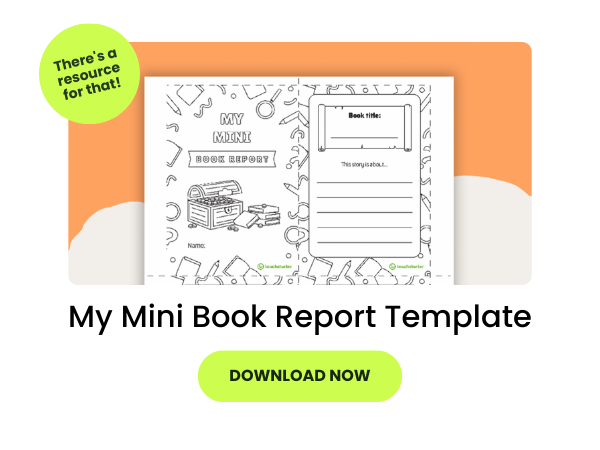 My Mini Book Report Template on orange background with 2 neon green bubbles that have text reading 