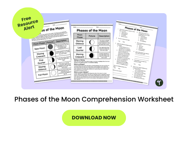 Phases of the Moon – Comprehension Worksheet on a purple background with two neon bubbles that have the text 