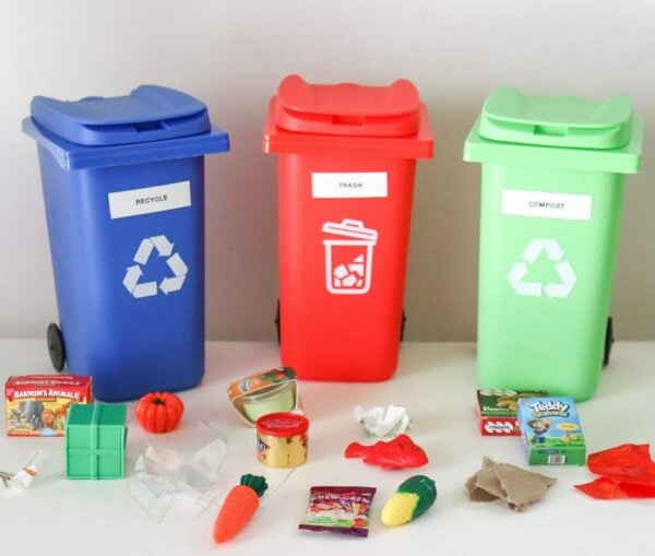 Mini recycling bins on table