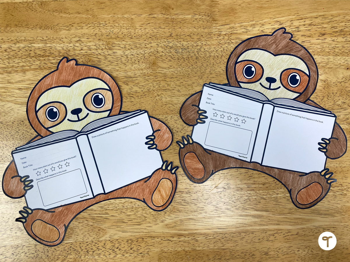 An image of two printable book review templates shaped like sloths holding a book to write and draw