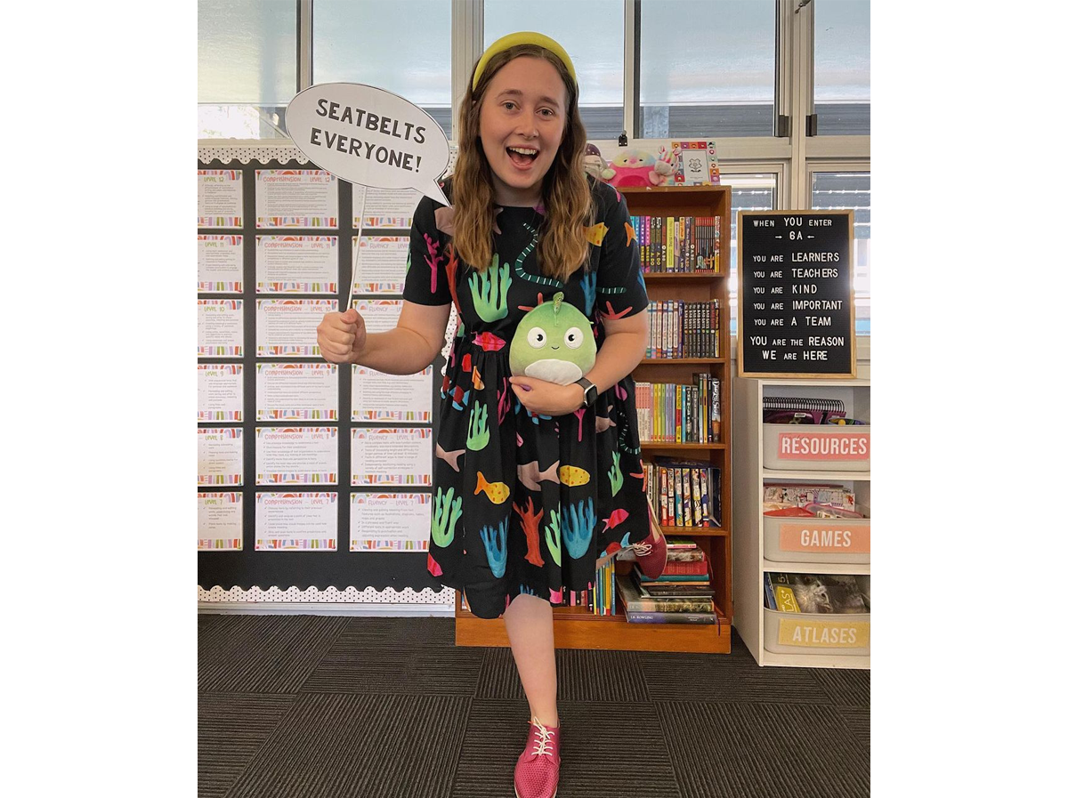 A woman dressed as Ms Frizzle for Book Week