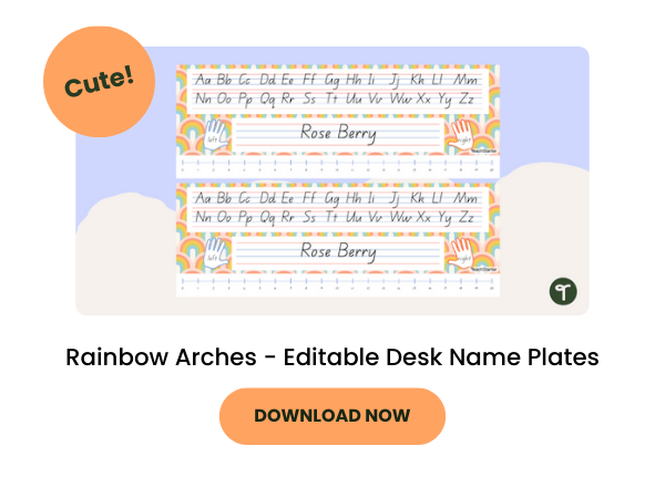 An image of primary school desk name plates with rainbow arch designs.