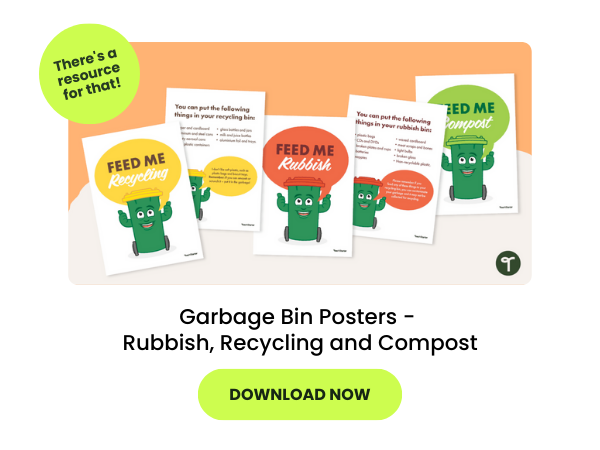 3 garbage pin posters - rubbish, recycling and compost - laid out against an orange background with 2 neon green bubbles with the words 