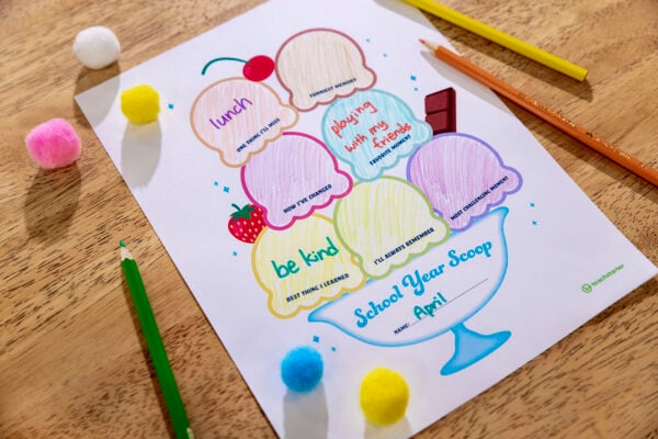 Ice Cream End of Year Reflection template on wooden table