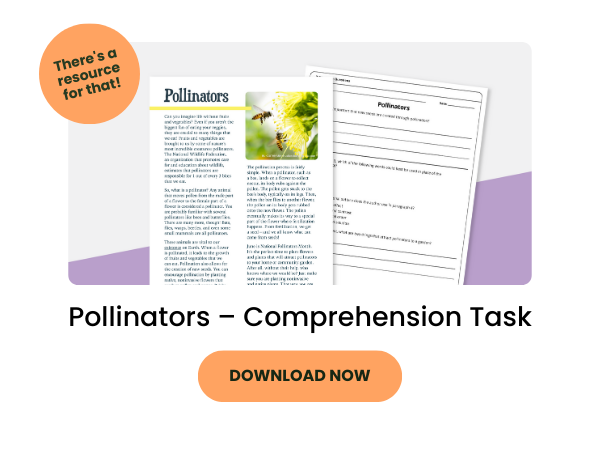 Grey and purple bubble with a pollinator worksheet preview inside. The words 