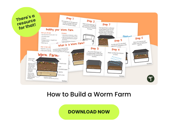 how to build a worm farm instruction sheets for kids on an orange background with two lime green bubbles with text that reads 