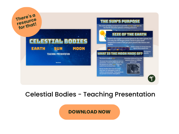 A powerpoint presentation resource for primary school students called Celestial Bodies - Earth, Sun and Moon