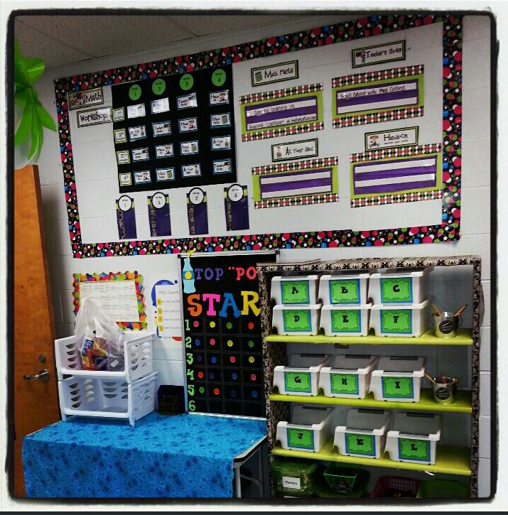 Classroom with organized shelves and charts for learning center materials