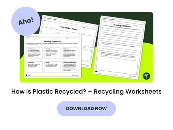 A green bubble with an image of a worksheet for kids about how plastic is recycled.