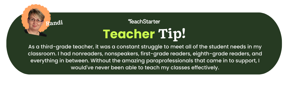 Dark green bubble with teacher tip: As a third-grade teacher, it was a constant struggle to meet all of the student needs in my classroom. I had nonreaders, nonspeakers, first-grade readers, eighth-grade readers, and everything in between. Without the amazing paraprofessionals that came in to support, I would've never been able to teach my classes effectively.