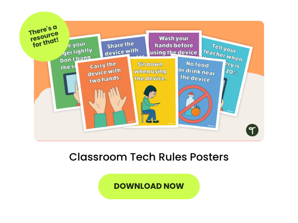 an illustration shows classroom posters featuring technology rules. At the top left is a yellow-green circle with text that reads there's a resource for that, and below is a yellow-green button that reads download now