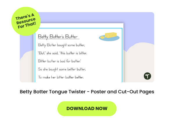 Betty Botter Tongue Twister preview with lime green button saying 