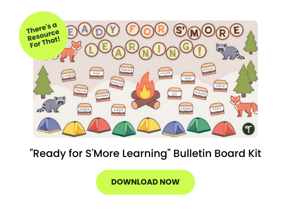 A camping classroom theme bulletin board is seen with text that reads there's a resource for that, and download now
