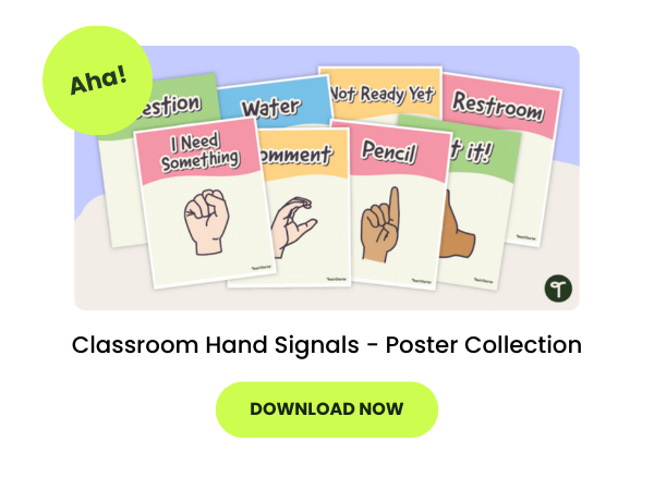 Purple bubble with classroom hand signal poster previews and a green 