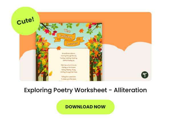 An autumn leaf-themed activity called Exploring Poetry Worksheet - Alliteration