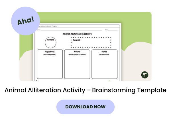 An activity for primary school students called Animal Alliteration Activity - Brainstorming Template