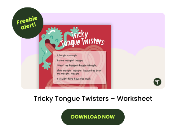 A red and green coloured printable resource for primary school students called Tricky Tongue Twisters – Worksheet