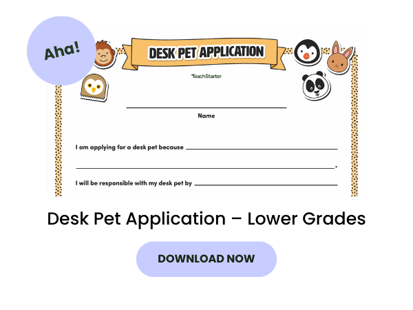 Desk Pets Application worksheet preview with purple 