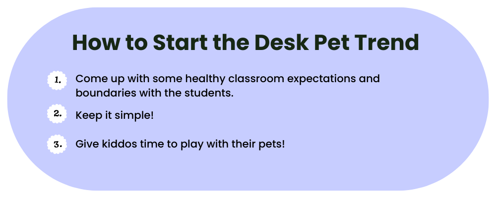 Purple bubble with words: How to Start the Desk Pet Trend, 1. Come up with some healthy classroom expectations and boundaries with the students. 2. Keep it simple! 3. Give kiddos time to play with their pets! 