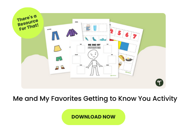 Worksheets from a kindergarten getting to know you activity appear on a green background. There's text that reads Me and My Favorites Getting to Know You Activity and There's a Resource for That and Download Now