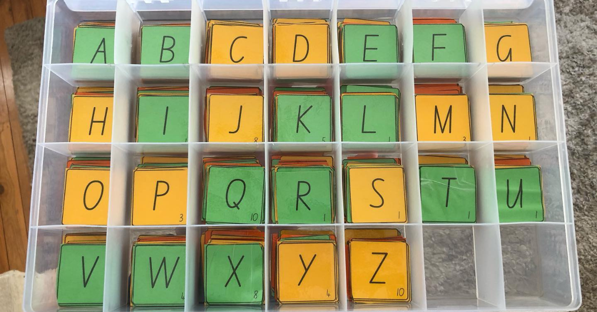 Letter tiles in plastic box
