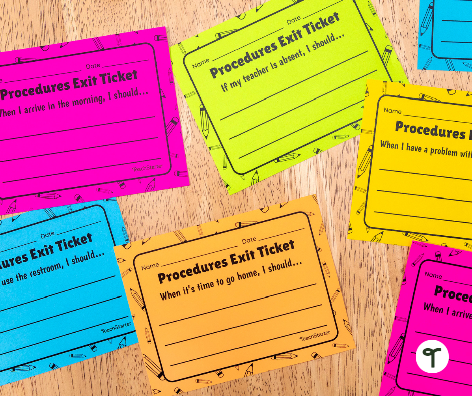 Multicolored procedure exit tickets on a table. 