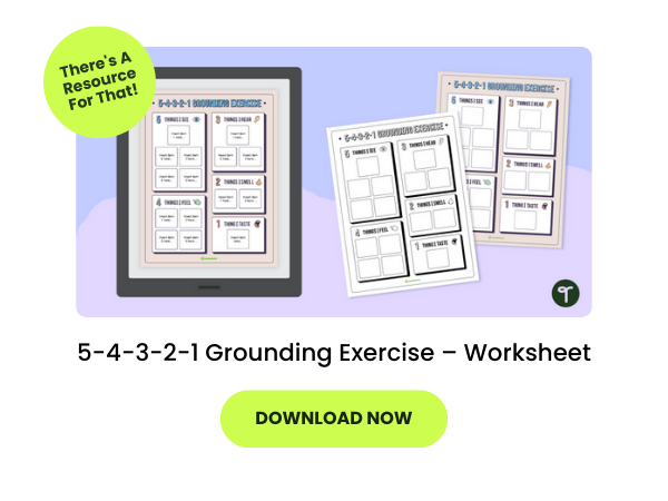 A primary school teaching resource called: 5-4-3-2-1 Grounding Exercise – Worksheet