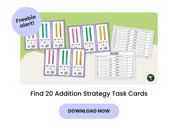 A resource for primary school students called: Find 20 Addition Strategy Task Cards