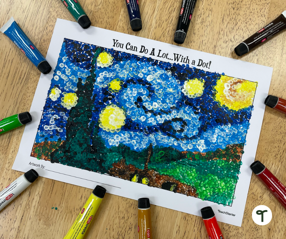 Dot Day Pointillism Art Activity showing Starry Night