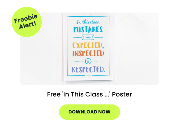 An 'In This Class ...' Poster is seen on a classroom wall. Below is a green button that reads Download Now. There is a green button that reads Freebie Alert!
