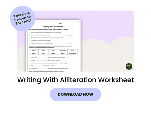 Writing With Alliteration Worksheet Preview with purple 