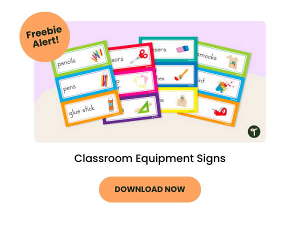 A free primary teaching resource called 'Classroom Equipment Signs'