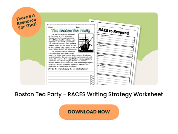 Boston Tea Party - RACES Writing Strategy Worksheet Preview with light orange 