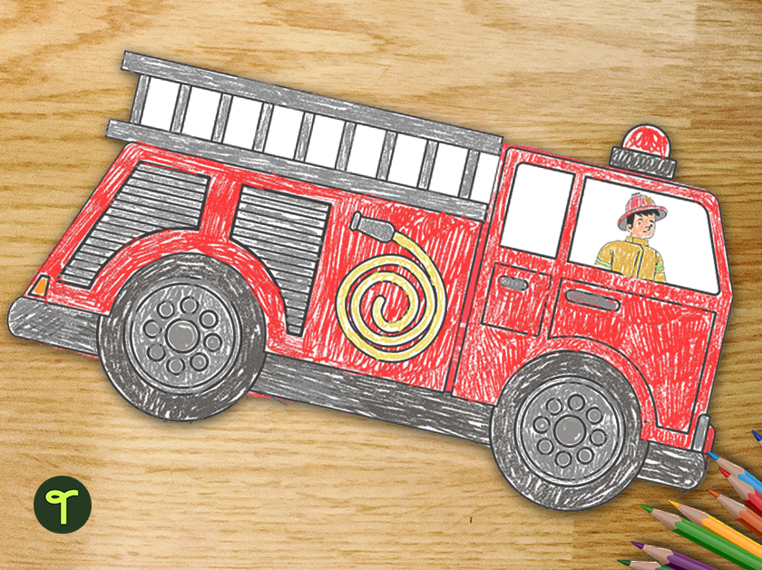 Printable fire truck Craft with colored pencils on wood background 