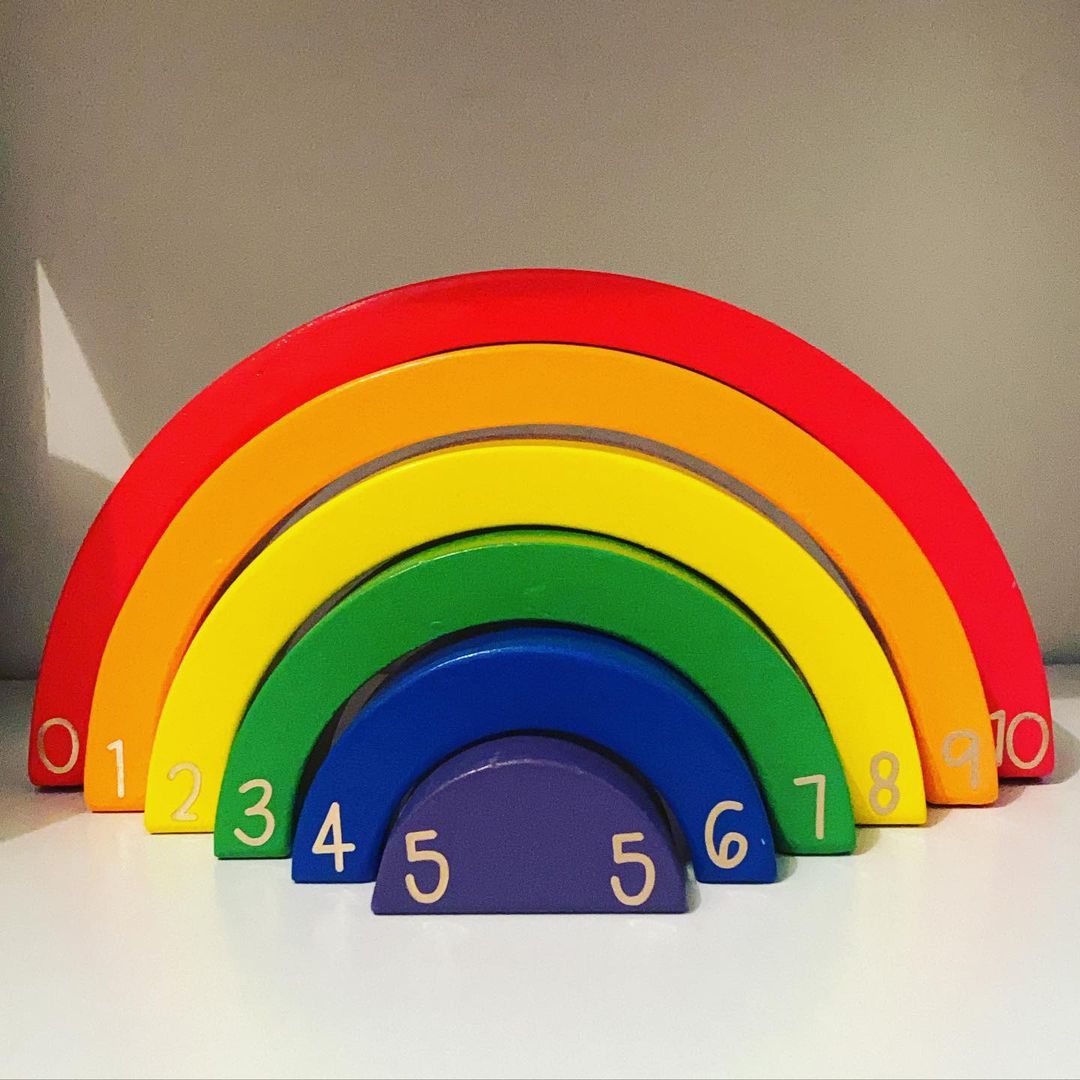 Kmart hacks for teachers: a wooden rainbow with numbers 0-10 written on each colour. 