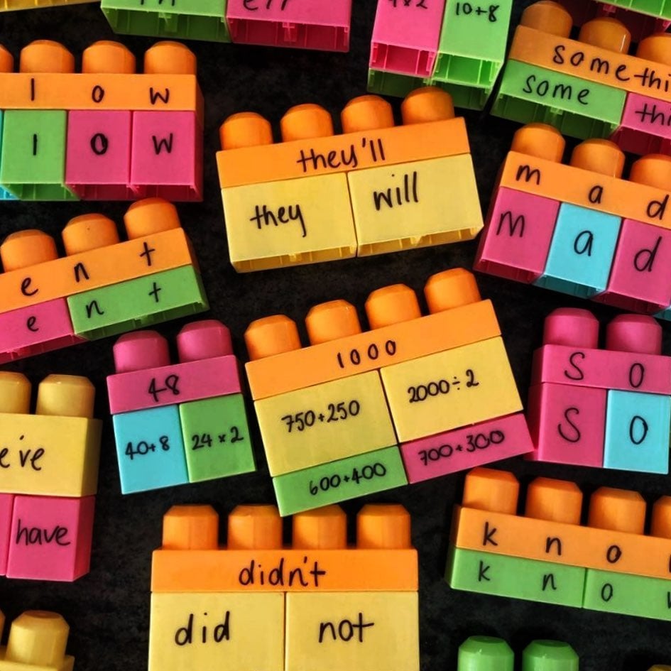 Kmart hacks for teachers: coloured building blocks with letters and numbers written on each