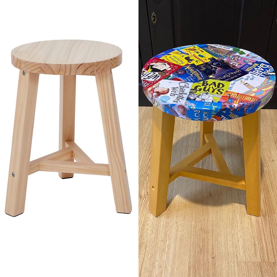 Kmart hack for teachers: a wooden stool with the seat decorated with children's book covers 