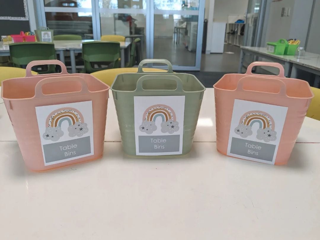 Kmart hacks for teachers: pink and green plastic desk bins