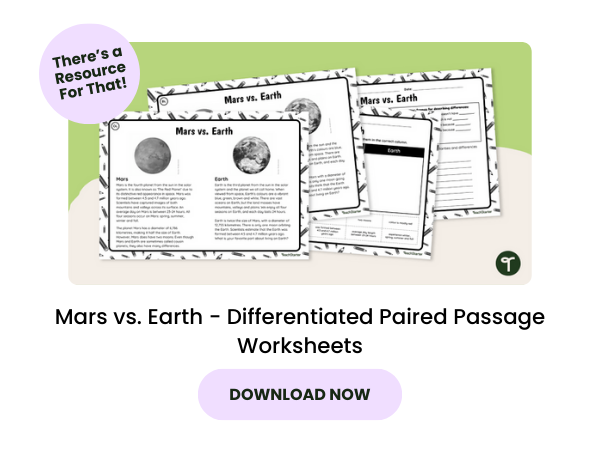 A primary teaching resource called 'Mars vs. Earth - Differentiated Paired Passage Worksheets'